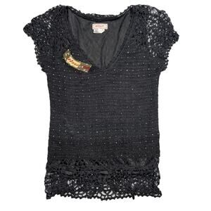 Vintage Gina Womens Size L/XL Black Crochet Bedazzled Top